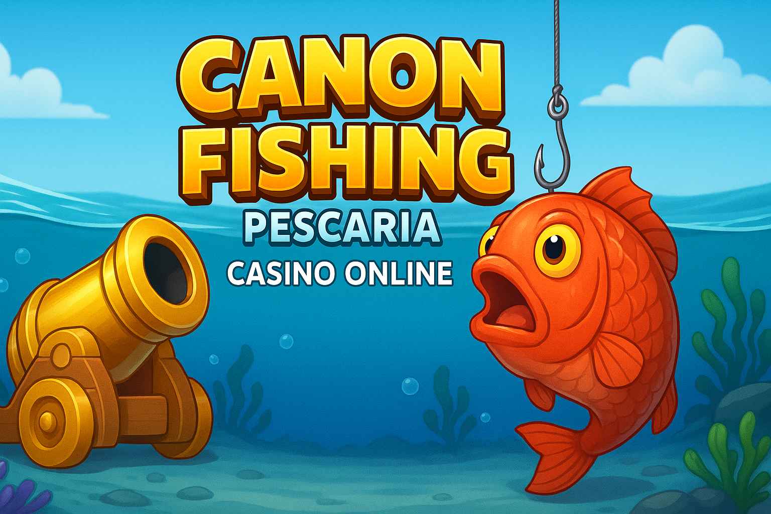 Peixes coloridos e canhão no jogo Canon Fishing